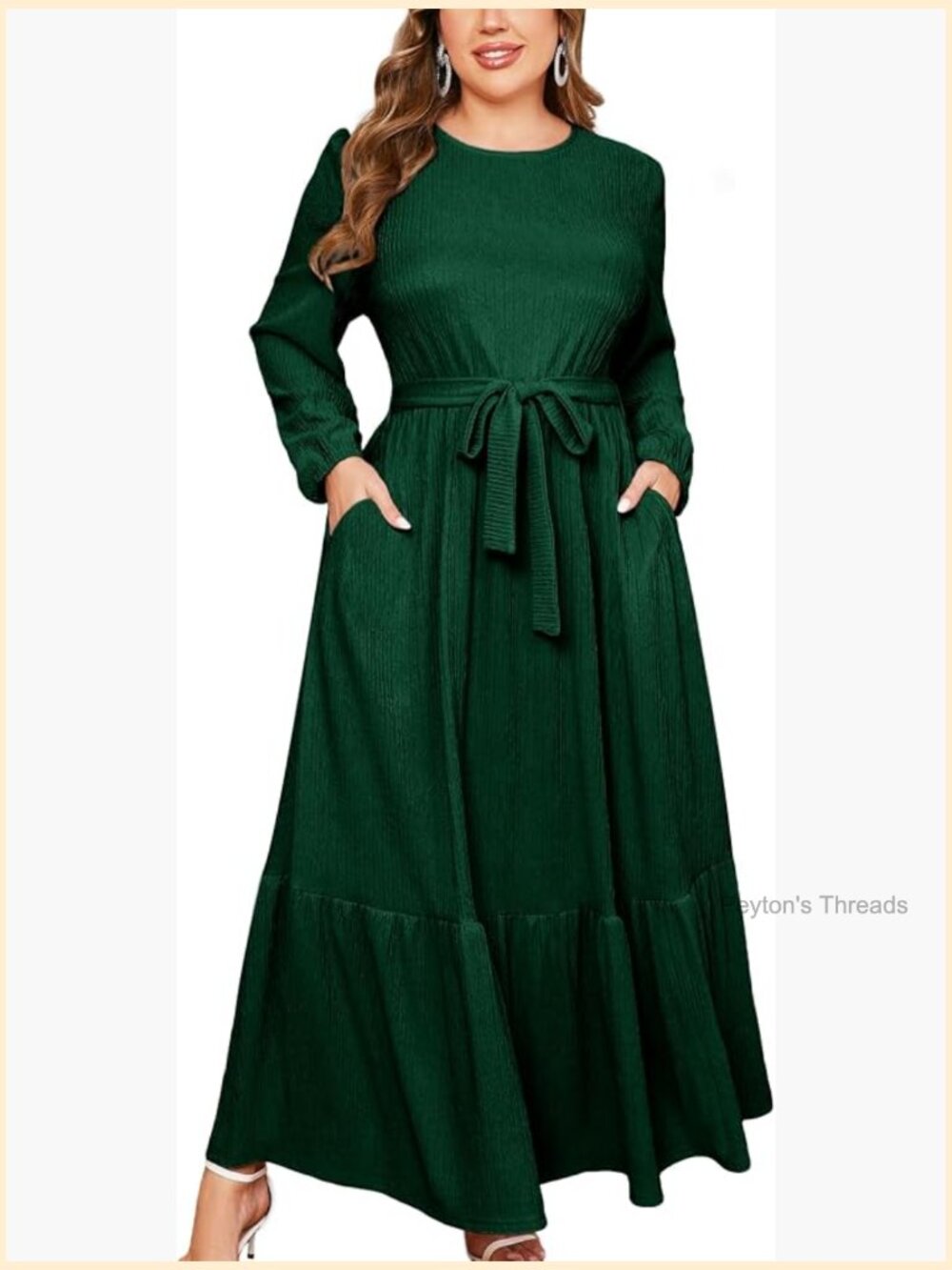 Plus Size Maxi Dress A Line Crew Neck Long Sleeve Flowy Tiered with Pockets and